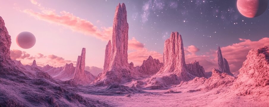 Alien landscape with towering rock formations