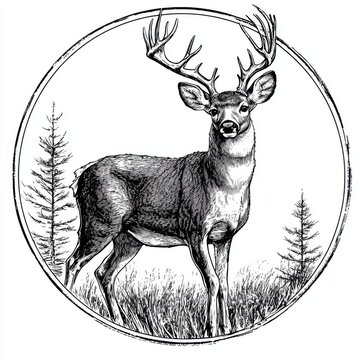 Black and white Vintage engraved art of a white-tailed deer in a circular stamp logo style, isolated on white background, ink sketch illustration, simple vector art design, highly detailed line art