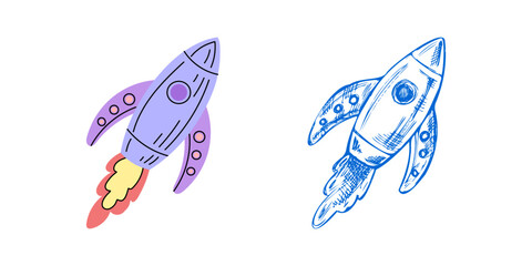 Vector flat and sketch style  school Illustration. Detailed retro style 
rocket sketch. Vintage sketch element. Back to School.