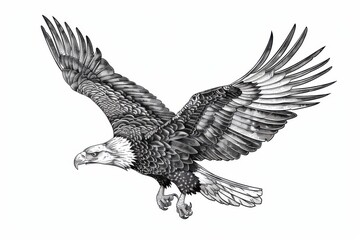 Obraz premium Black and white Vintage engraved art of an eagle in flight, isolated on white background, ink sketch illustration, simple vector art design, highly detailed line art, high contrasty