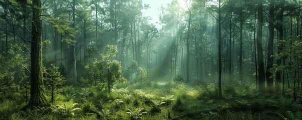 Fototapeta premium Temperate forest regrowth with a mix of old and new trees, landscape biomes restoration, temperate biome recovery