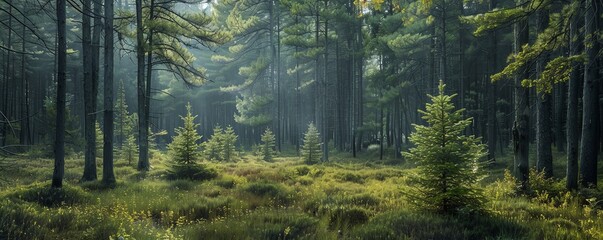 Temperate forest regrowth with a mix of old and new trees, landscape biomes restoration, temperate biome recovery
