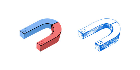 Vector  flat  and sketch style school Illustration. Magnet sketch.  Back to School. The science, physics.