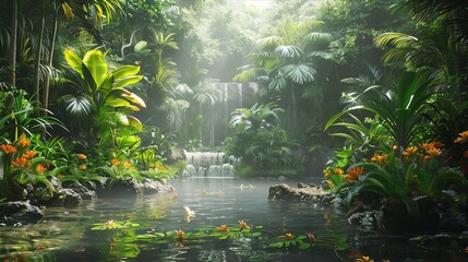Fototapeta premium Tropical rainforest restoration with diverse plant and animal life, landscape biomes restoration, rainforest revival