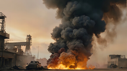 smoke billows from a fire in a factory with a truck in the foreground