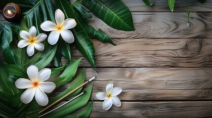 Obraz premium Create a serene spa-themed image with green tropical leaves, a burning incense stick, and white frangipani flowers arranged on a wooden surface