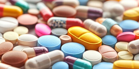 Vibrant Assortment of Colorful Medication Pills and Tablets Detailed for Medical and Pharmaceutical Themed Content