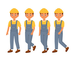 Male worker constructor. Man in protective hardhat. Kit for customizations. Pack of character in different poses. Engineer and architect. Flat vector collection