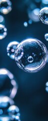 Close-up of floating water bubbles with a shimmering effect against a dark background, creating a tranquil and refreshing atmosphere.