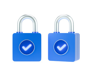 Padlock 3d illustration with security check marks 
