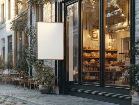 Blank Signboard in Front of a Bakery Shop.