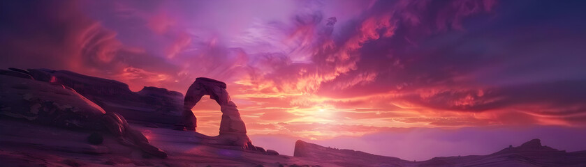 Fototapeta premium Stunning Sunset Over a Natural Arch in Desert Landscape - Realistic Photo