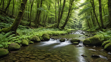 The tranquil stream flows through the dense forest and secluded area.