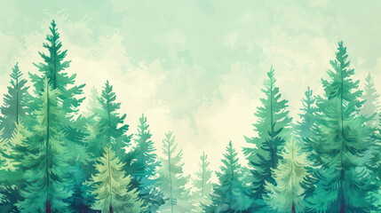 Obraz premium Water color painted mountain scape with fir trees. Generative AI