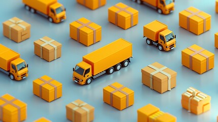 Logistics and delivery concept featuring orange trucks and packages arranged in a repetitive pattern on a blue background.