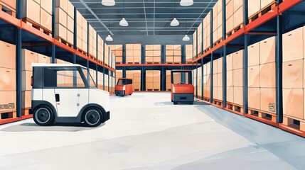 Modern warehouse interior with forklifts and stacked pallets, showcasing efficient storage and logistics in an industrial setting.