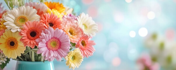 Fototapeta premium Bouquet of Gerbera Daisies in a Teal Vase with Bokeh Background.