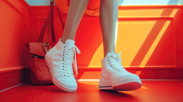 Basic white sneakers unisex streetwear fashion shoot. Generative AI