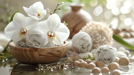Obraz premium Design a relaxing spa image with white orchid flowers, herbal compress balls, and a wooden bowl filled with water