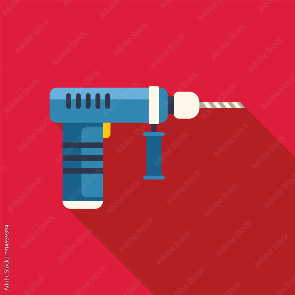 Wall mural Blue electric drill with long shadow on red background illustration