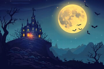 An old, spooky house on top of a hill with a full moon