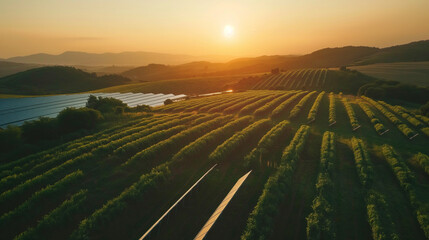 Fototapeta premium Aerial view of a solar panel farm with a beautiful landscape during sunset time