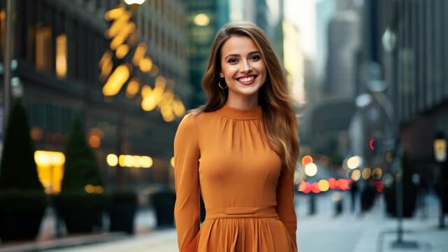 pretty woman smart and confident look smiling walking in urban city street, businesswoman with optimistic mood with gentle breeze wind blow
