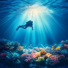 Diver exploring vibrant coral reef, illuminated by sunlight streaming through blue ocean waters. Underwater adventure and marine life beauty.