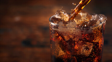 Soda pouring into a glass, with a dark brown background, in the style of product photography