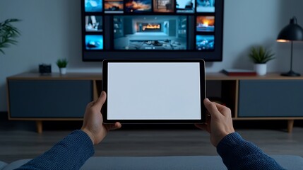 Hands using a tablet with a blank screen in front of a TV, representing digital viewership and entertainment, copy space on tablet