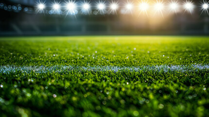 Soccer stadium with grass field illuminated in the style of spotlights on background