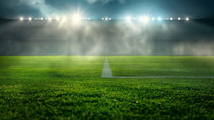 Soccer stadium with grass field illuminated in the style of spotlights on background