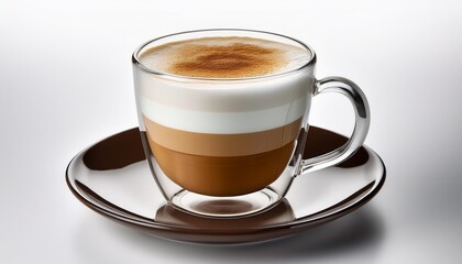 Contemporary Brew: A Stylish Latte in a Crystal-Clear Glass Against a Pure White Canvas