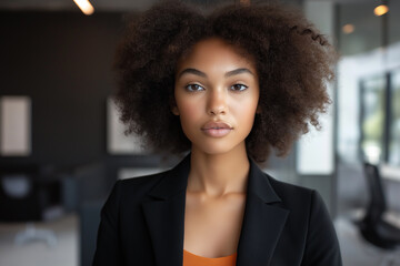 Fototapeta premium Close-up portrait of a professional woman with natural curly hair, dressed in a suit, expressing confidence and poise in a modern office setting.