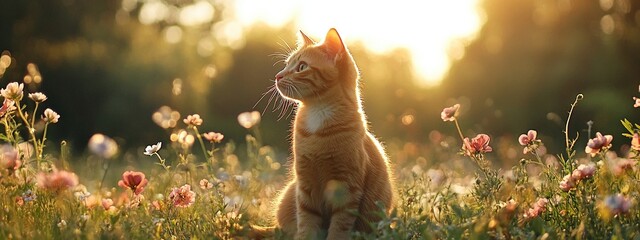 Orange cat in blooming flower field at sunset