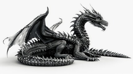 Obraz premium A majestic dragon with intricate scales and fierce eyes, posed in a dynamic, coiled position, isolated against a crisp white background to showcase its mythical grandeur.