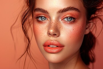Glamorous Portrait of a Woman with Peach-Toned Makeup