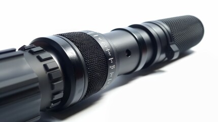 A professional shotgun microphone with a long, cylindrical shape and advanced features, isolated on a white background to highlight its precision and functionality.