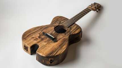 Naklejka premium A rustic, handcrafted acoustic guitar with a warm wooden tone and simple elegance, set against a clean white background to emphasize its artisanal quality.