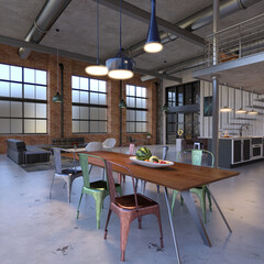 3d rendering of modern loft interior with wooden table, chairs and metal details. No AI used
