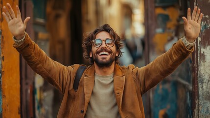 A happy man greets passersby with enthusiastic waves from behind a wall