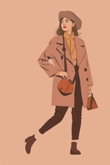 Fototapeta premium Minimalism illustration, a European woman, wearing a boho tailored blazer, a beret, and a vintage crossbody bag, standing with one hand on her hip, boho woman fashion, patterned, flat illustration