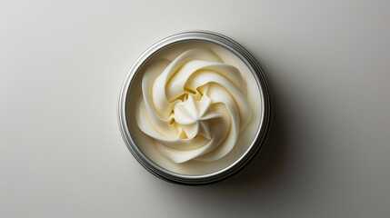 Close-up of a delicate cream in a silver tin, isolated on a white background, highlighting its smooth consistency and refined packaging.
