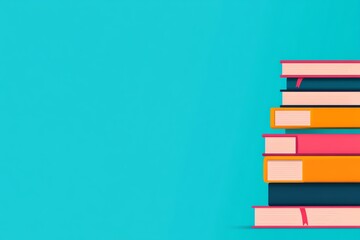 Colorful stack of books against a vibrant turquoise background, perfect for educational and creative themes.
