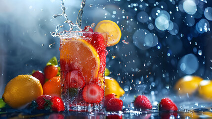 A glass of fruit juice with vibrant fruit slices plunging into it creating a burst of flavor. Fresh fruit cocktail in freeze motion splashing closeup. A variety of sliced fruits splashing into a glass