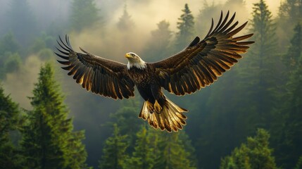 Majestic eagle soaring above a forest, high quality