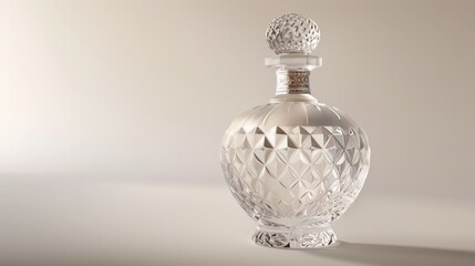 High-end fragrance bottle with a frosted finish and a crystal-clear top, isolated on a white background, showcasing its luxurious appearance and intricate design.