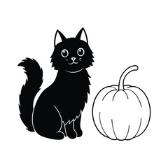 Black Cat and Halloween Pumpkin Cartoon Character Vector Illustration.