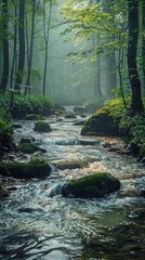Fototapeta premium Tranquil forest stream with gentle water flow, perfect pastel tone, whimsical style, high resolution, professional create, very detailed, high quality