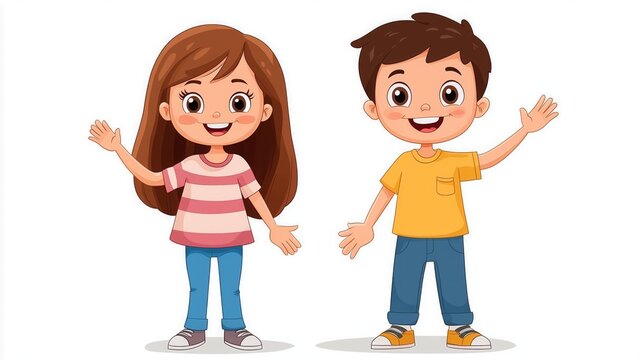 A girl and boy are happily waving their hands in greeting